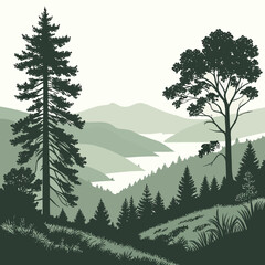 Layered mountain valley landscape with coniferous and deciduous trees vector illustration high quality professional detailed modern elegant © ggg