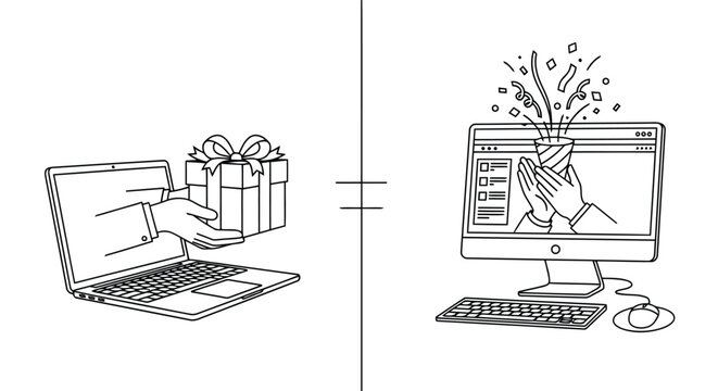 Vector art of online shopping and digital giftgiving concept with laptop and exploding gift boxes