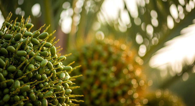 Closeup of green unripe dates growing on a palm tree with bokeh background in a sunny plantation