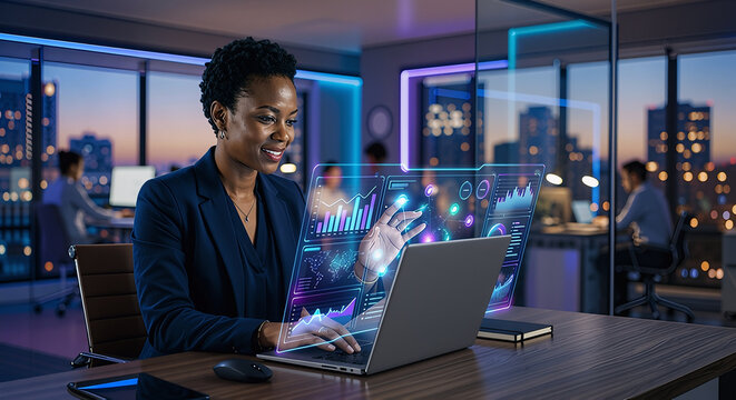 business woman working on laptop. Future of work