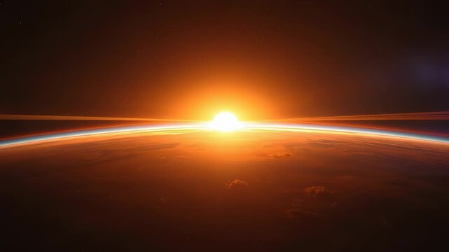 Bright Orange Sunrise over Earth Horizon with Glowing Atmosphere and Planet Curvature Viewed from Outer Space