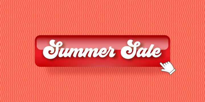 Summer sale banner on coral wavy background. Retro glossy glass button with stylized cursive text. Hand cursor pointer click. White script typography. Promotional graphic element for online shopping.