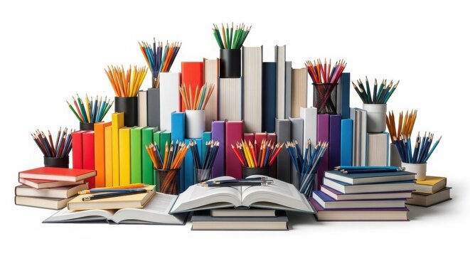 Colorful school supplies and books collection, vibrant rainbow stationery for education, creative classroom learning materials and art tools isolated on White Background