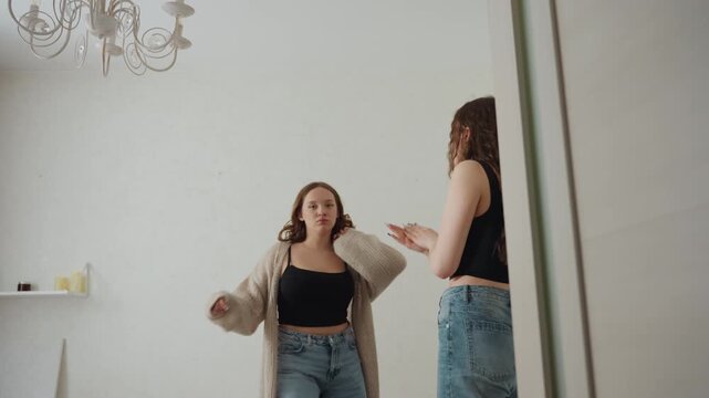 Two Caucasian Friends Styling Together In Front Of Mirror, Casual Jeans And Cardigan Outfits, Playful High Spirits, Bedroom Interior With Chandelier And Wardrobe Shelf, Candid Bonding Moment