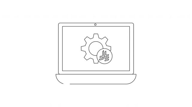 Laptop screen displays gear and PDF icon, symbolizing digital document management and settings.