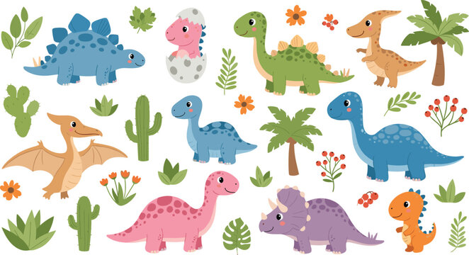 Cute dinosaur vector collection featuring friendly cartoon prehistoric animals like triceratops stegosaurus pterodactyl and diplodocus with tropical plants and palm trees for kids design.