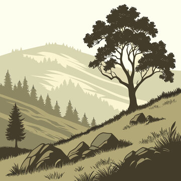Mountain landscape silhouette with layered foothills trees and rocks in a muted color palette high quality professional