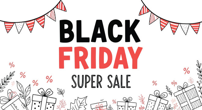 Vector art of black friday super sale banner with colorful flags and gift boxes