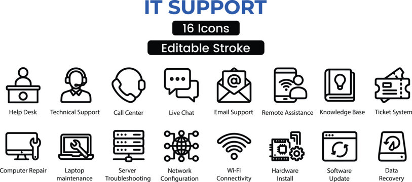 IT Support and Technical Assistance Icon Set, 16 Modern Line Icons for Computer Repair and Network Troubleshooting, Editable Stroke Vector Graphics