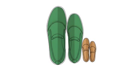 Fototapeta premium Illustration of two pairs of shoes, a large green pair and a small brown pair, symbolizing growth, family, and different life stages. Concept of big and small footwear.