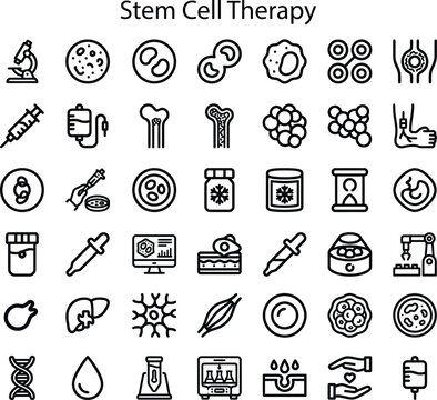 Stem cell therapy line icons set, regenerative medicine and biotechnology vector symbols, laboratory research and medical treatment icons