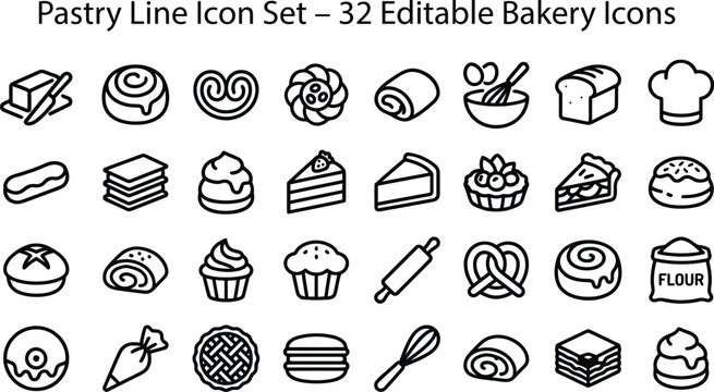 Bakery line icon set, 32 editable pastry icons for cafe menus, minimalist bread and dessert vector symbols, black and white food illustrations