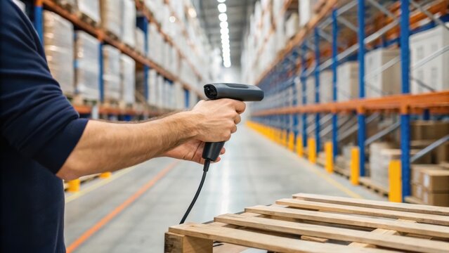 Person scanning barcodes on pallets in a large warehouse with tall shelves filled with boxes and packages.