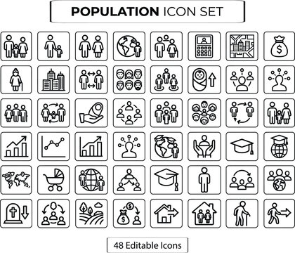 Population icon set with 48 editable vector line icons. Demographic statistics and census data symbols. Human society and community growth outline graphics.