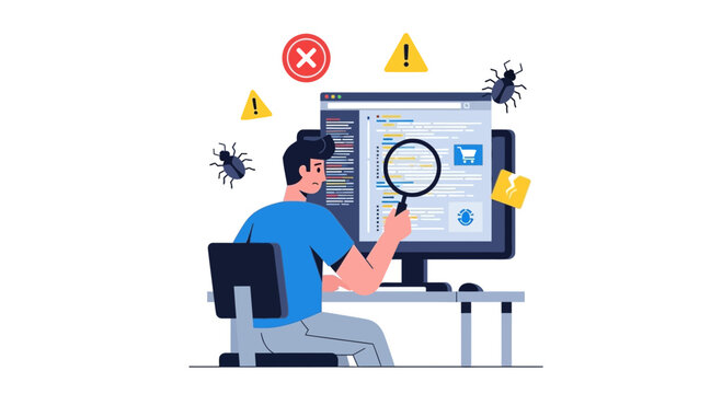 Man searching computer screen bugs.
