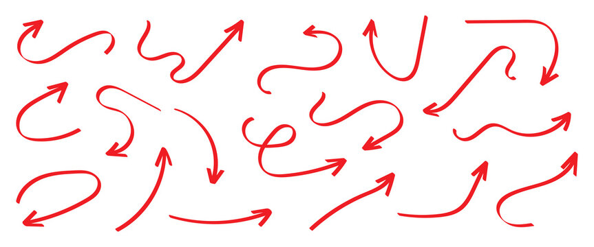 Hand drawn doodle arrows set sketch up arrow curved arrow down arrows. Arrow vector elements hand drawn arrows brush stroke curly arrow collection. Vector illustration isolated on white background. 
