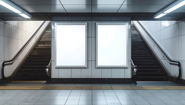 Subway entrance with stairs and two blank white poster frames