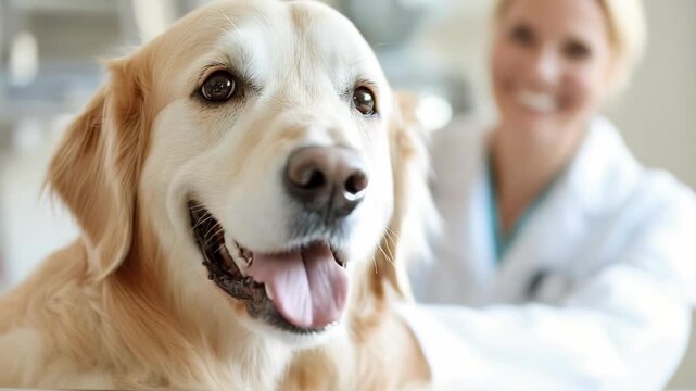 A golden retriever sits happily at the vet office while a veterinarian checks his health. The dog enjoys the attention and seems very content during the visit
