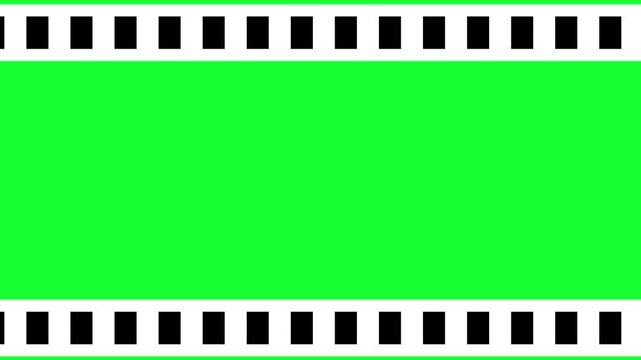 moving 35mm filmstrip animation on green background, vintage cinema reel frame loop, old movie negative strip motion graphics,