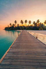 Fototapeta premium Perfect sunset Maldives pier island shore silhouette palm trees ocean bay majestic sky sun rays tropical beach paradise vacation luxury travel resort evening dusk landscape scenic horizon