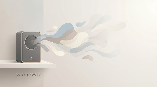 Modern smart speaker sitting on a shelf emitting colorful abstract smoke shapes that represent sound waves and music vibrations creating a peaceful and focused atmosphere for work or relaxation use.