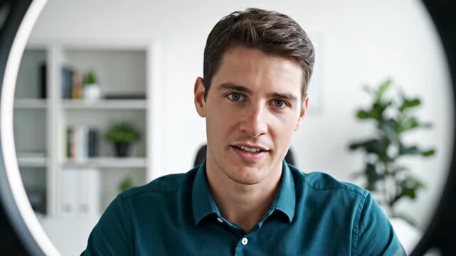Young Man Vlogger Talking to Camera in Home Office