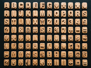 Wooden alphabet and symbol stamps on dark surface  various characters and icons © Md