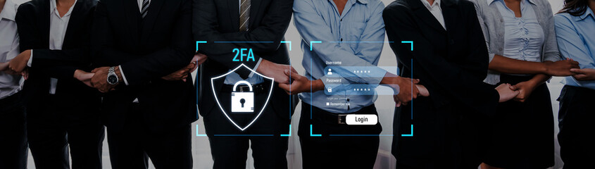 A diverse team of professionals stands united in formal attire, featuring a digital security interface emphasizing two-factor authentication, symbolizing trust and teamwork. Trope © InfiniteFlow