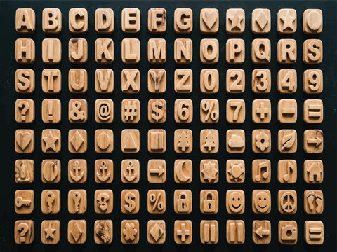 Wooden alphabet and symbol stamps on dark surface  various characters and icons