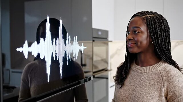 African American Woman Using Smart Voice Assistant in Modern Kitchen