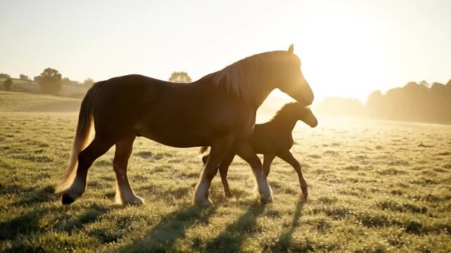 Mare And Foal Cinematic Footage Brown Horses Walking In Misty Field At Sunrise With Golden Light