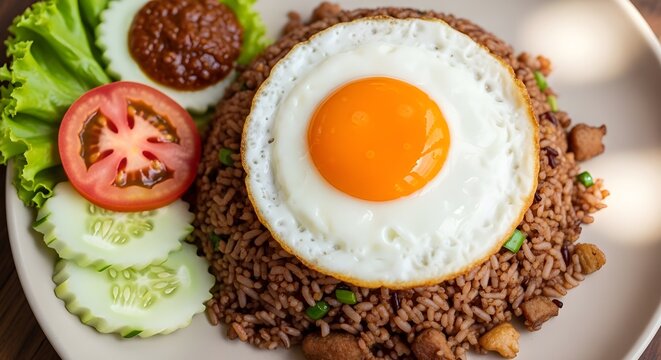 Nasi goreng with fried egg and accompaniments indonesian cuisine