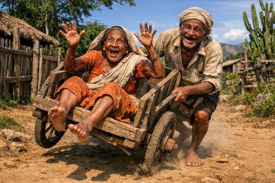 Old couple in village having fun time in cart ai generated 