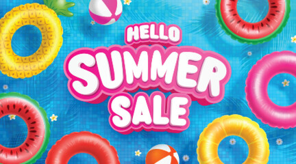 Summer Sale poster and banner template with Colorful Float on water in the tiled pool Background. Sale banner Design for Summer in flat lay styling. Promotion and shopping template for Summer and pool © PixaFlow