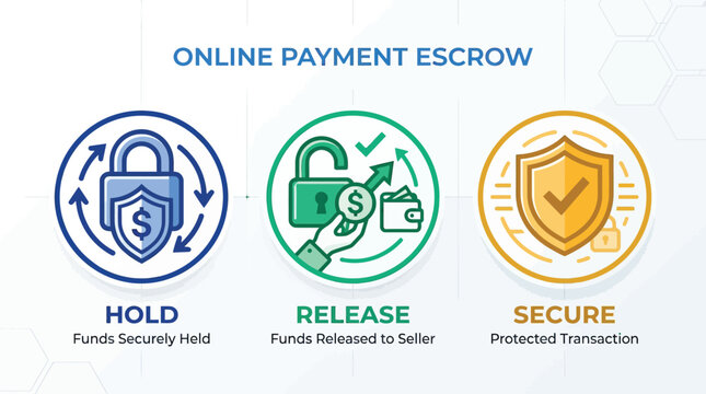 Escrow icons visually explain the security of holding and releasing.