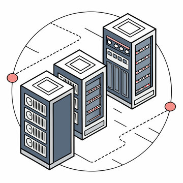 Isometric server racks connected by circular fiber optic cables digital network infrastructure illustration high quality professional detailed
