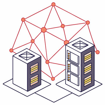 Isometric server cluster with polygonal network connections digital infrastructure illustration on white background high quality professional detailed