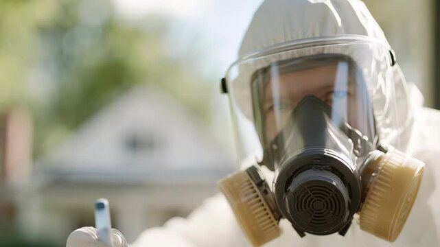 A worker in a protective suit and mask carries out safety tasks outside a house. The location is a residential area and the activity takes place during daylight hours