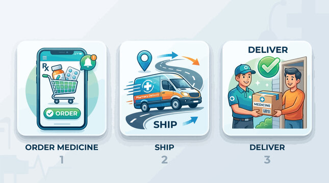 Icons depicting the medical ordering, shipping, and delivery process.