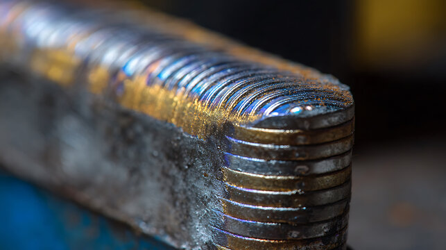 Macro view of a meticulously crafted metal weld bead, showcasing colorful temper hues and textured surface from precise industrial work and craftsmanship