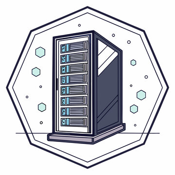 futuristic server rack illustration standing inside a geometric hexagon with a white background high quality professional detailed