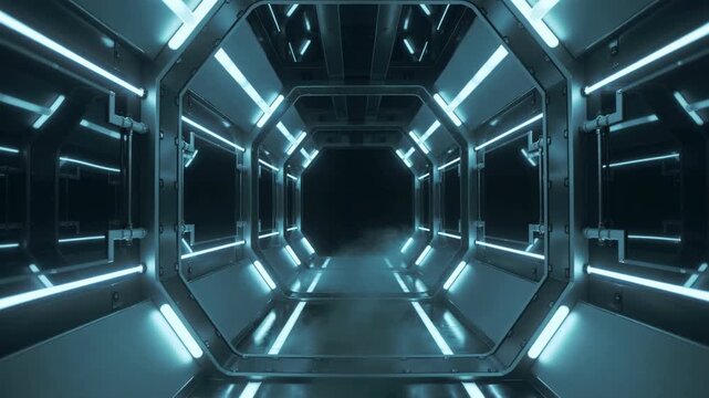 Futuristic sci fi corridor with glowing neon light strips ultra smooth looping animation of sleek metallic textures