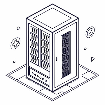 Isometric server rack illustration with line art style and transparent background for data technology concepts high quality