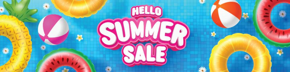 Summer Sale poster and banner template with Colorful Float on water in the tiled pool Background. Sale banner Design for Summer in flat lay styling. Promotion and shopping template for Summer and pool © PixaFlow