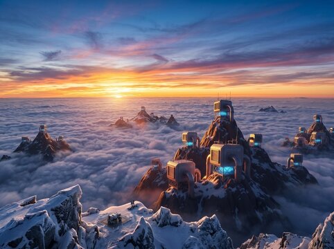 High altitude direct air capture units on mountain peaks, atmospheric carbon removal above the clouds for climate action.
