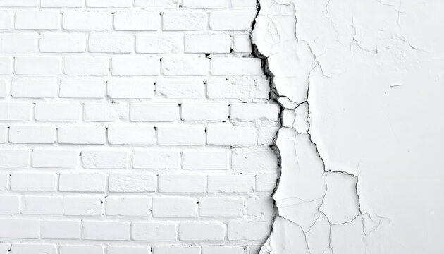 Cracked white plaster meets solid white brick in a stark, textured wall