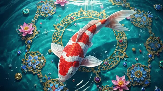 High-Detail Ornate Koi Art with Pink Lotus and Iridescent Reflections