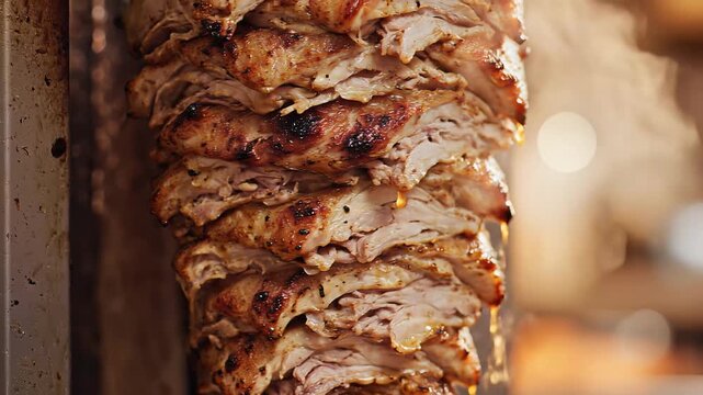 Closeup of a vertical rotisserie cooking seasoned meat for shawarma or gyros.