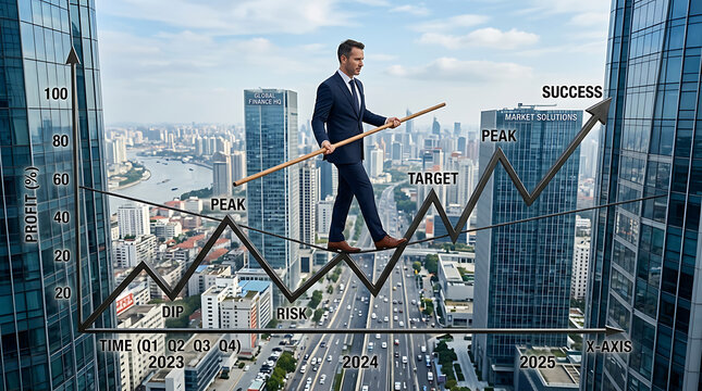 Businessman walking a tightrope over a city with financial chart overlay businessman tightrope financial business challenge strategy planning decision metaphor skyscraper entrepreneur