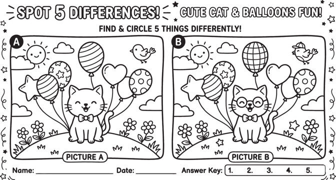Spot 5 Differences Cute Cat and Balloons Fun Activity for Kids.